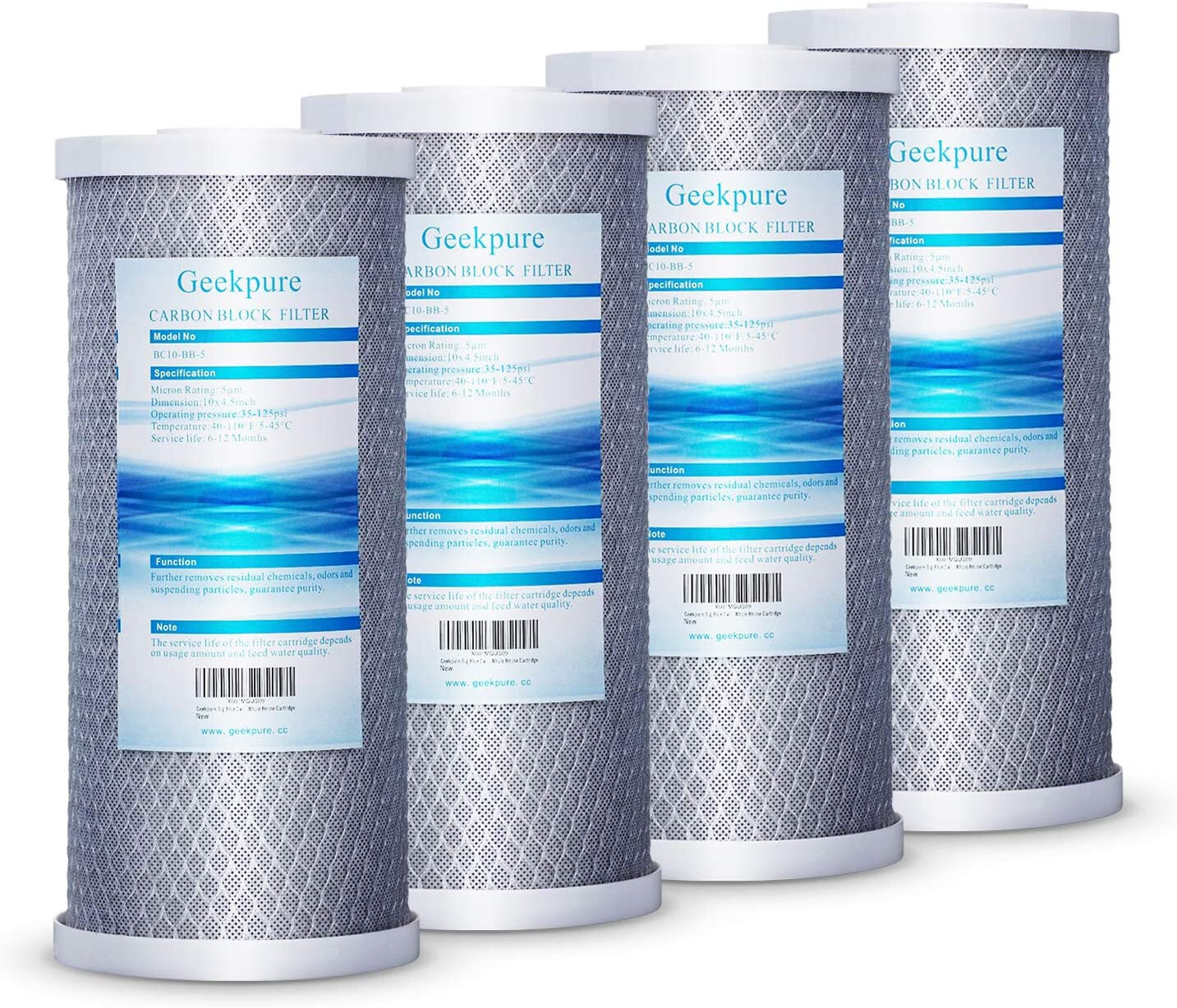 Geekpure 4 Pack Carbon Block Replacement Water Filter 4.5" x 10" - 5 Mic gallery