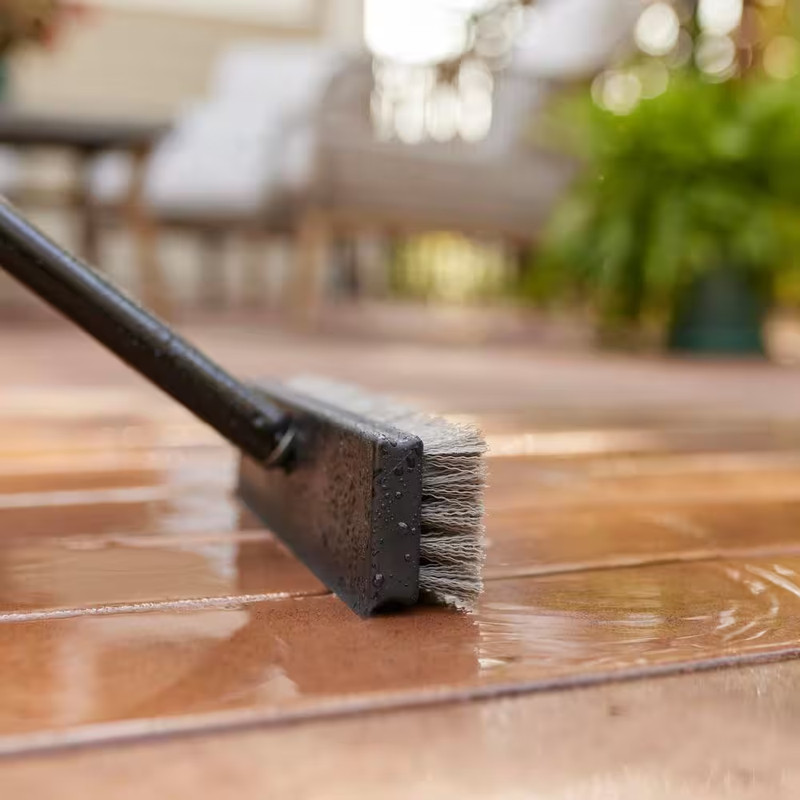 HDX 12 in. Plastic Deck Scrub Brush with 50 in. Steel Handle Stiff Bristles 1Pk gallery