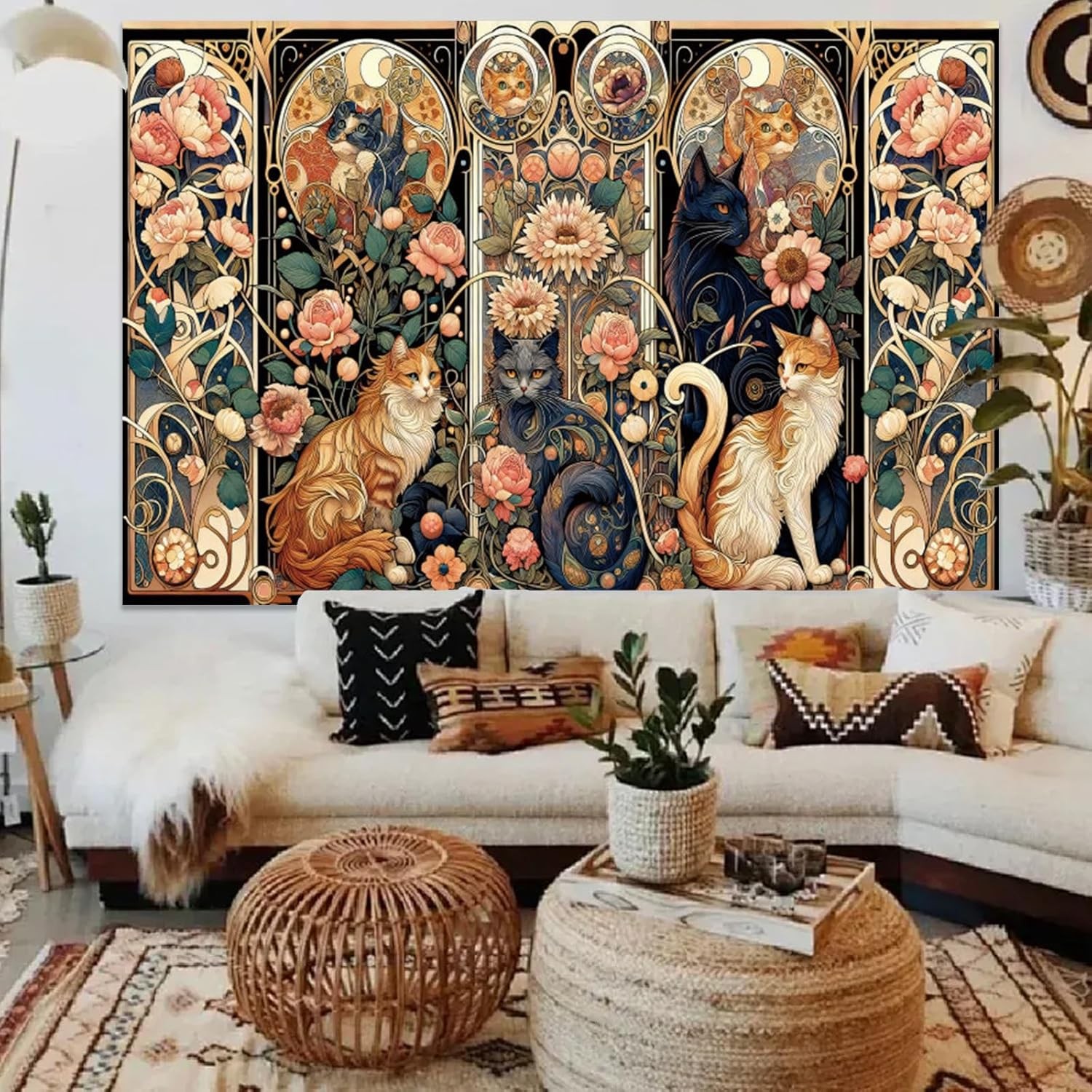 Apdidl Boho Floral Cute Wall Tapestry for Bedroom, Vintage Flower Cat Wall Hangi gallery