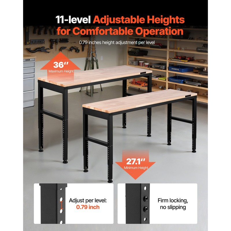 61"x 20" Adjustable Height Workbench 2000 lbs Oak Plank w/ Power Outlets 110V gallery