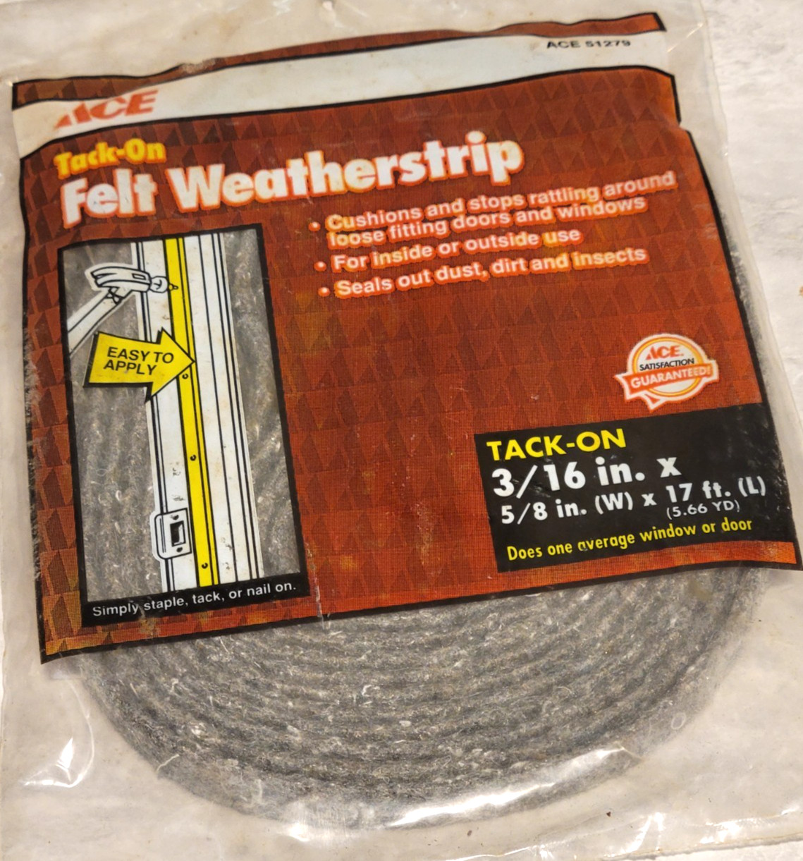 Tack-On Felt Weatherstrip 3/16 in Width x 17 FT Length ACE 51279 gallery