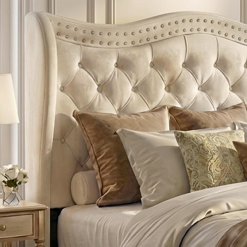 50" Tall Queen Wingback Bed Frame, Cream Ivory Velvet Button Headboard Footboard gallery