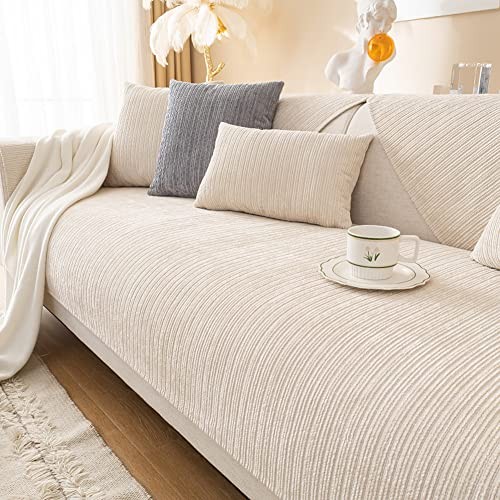 Soft Chenille Sofa Couch Cover Solid Color Striped Weave 27"x47" Cream gallery
