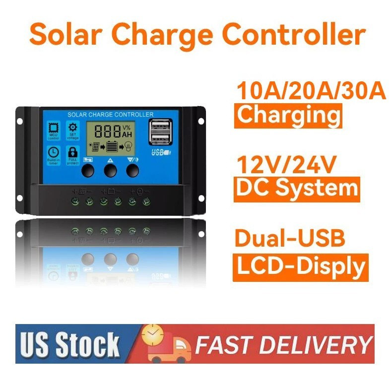 30A Solar Panel Battery Charge Controller 12V/24V LCD Regulator Auto with USB US gallery