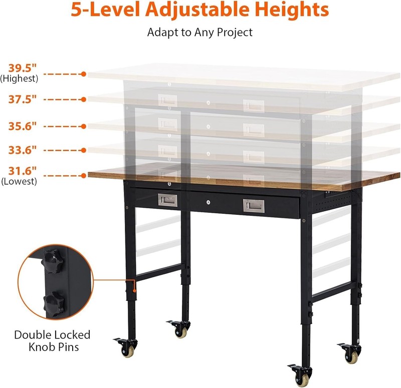 60'' Adjustable Workbench with Power Outlet, Wheels, Drawers, Pegboard gallery