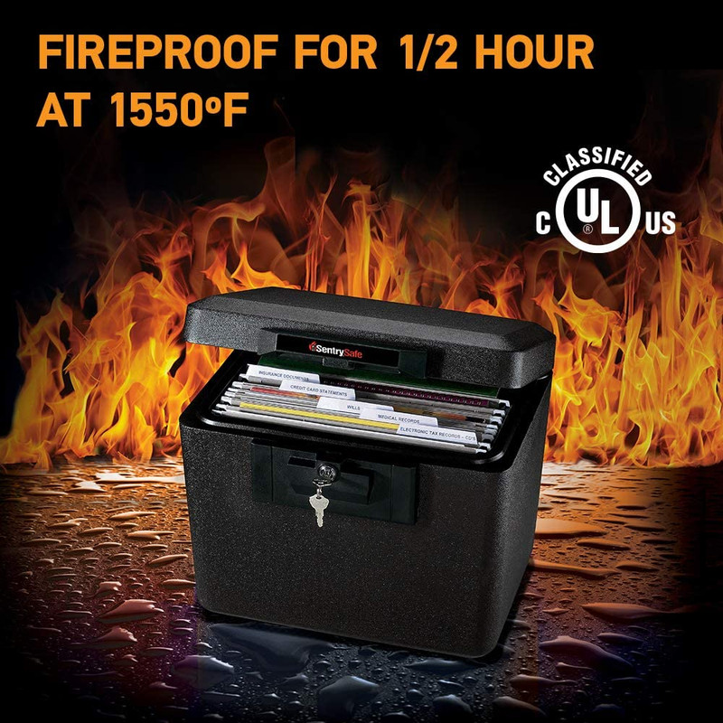 Black Fireproof Document Box with Key Lock, Safe Secures Files and Documents for gallery