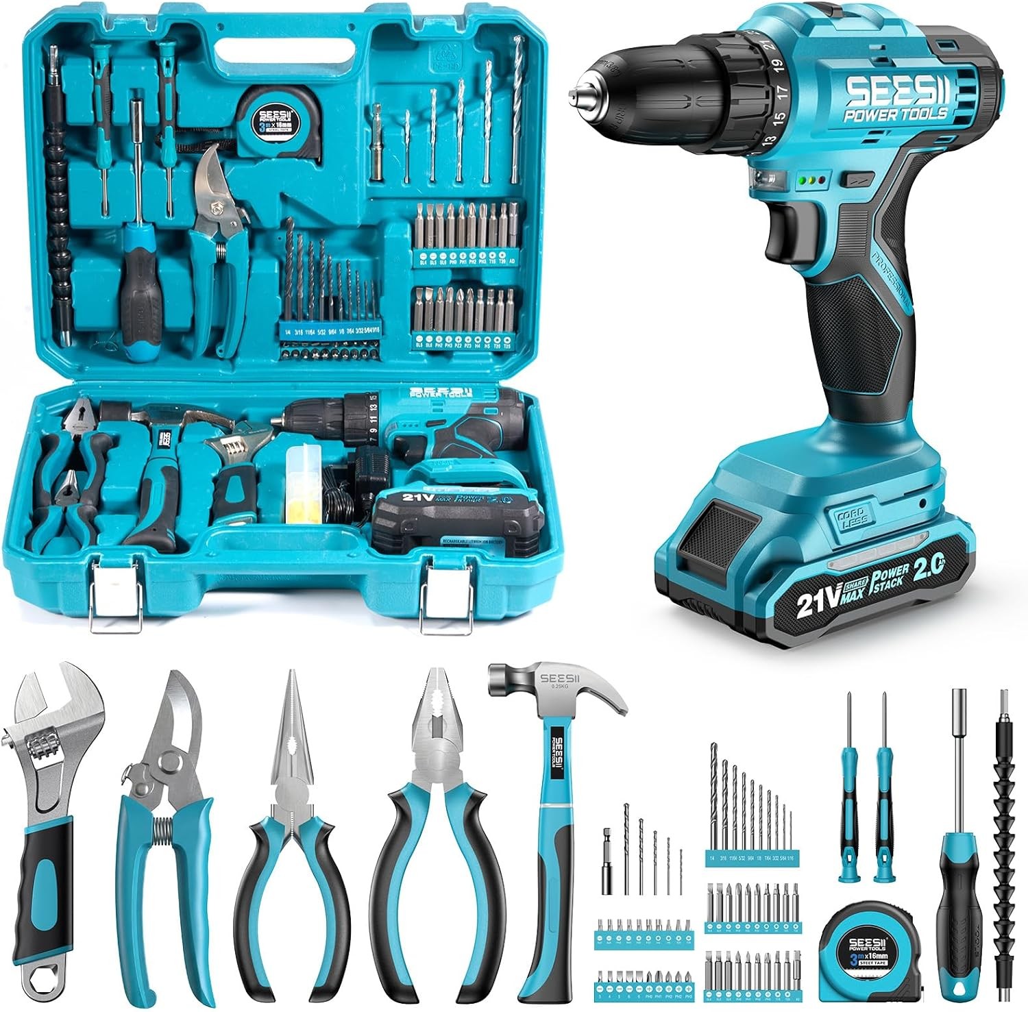 190pcs Cordless Drill Tool Kit 21V Electric Drill Driver Tool Box with Battery gallery