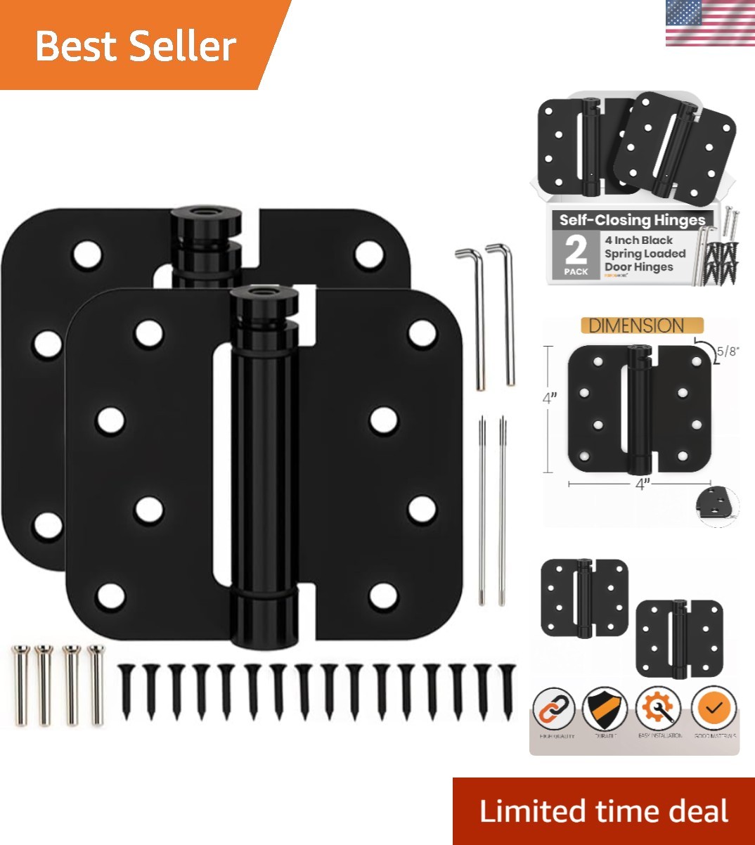 2 Pack 4-Inch X 4-Inch Matte Black Spring Loaded Self-Closing Door Hinges | Heav gallery