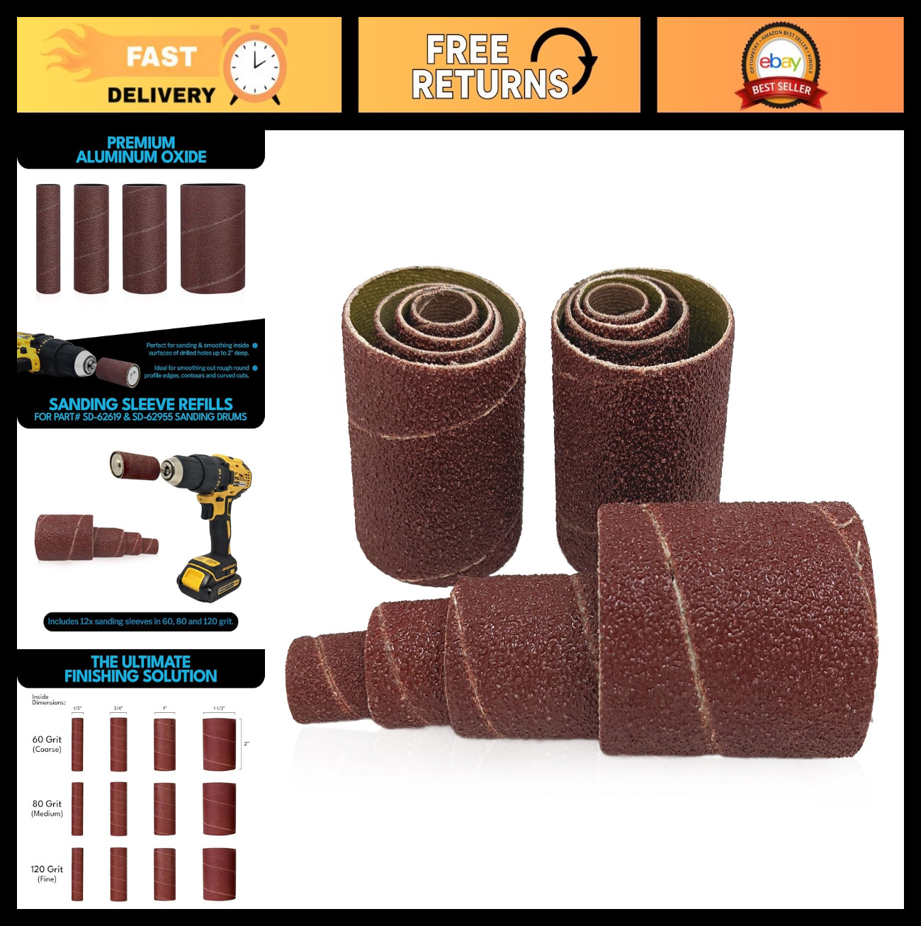 12 Pack Spindle Sanding Sleeves - 2 Inch Long, 60/80/120 Grit for Woodworking gallery