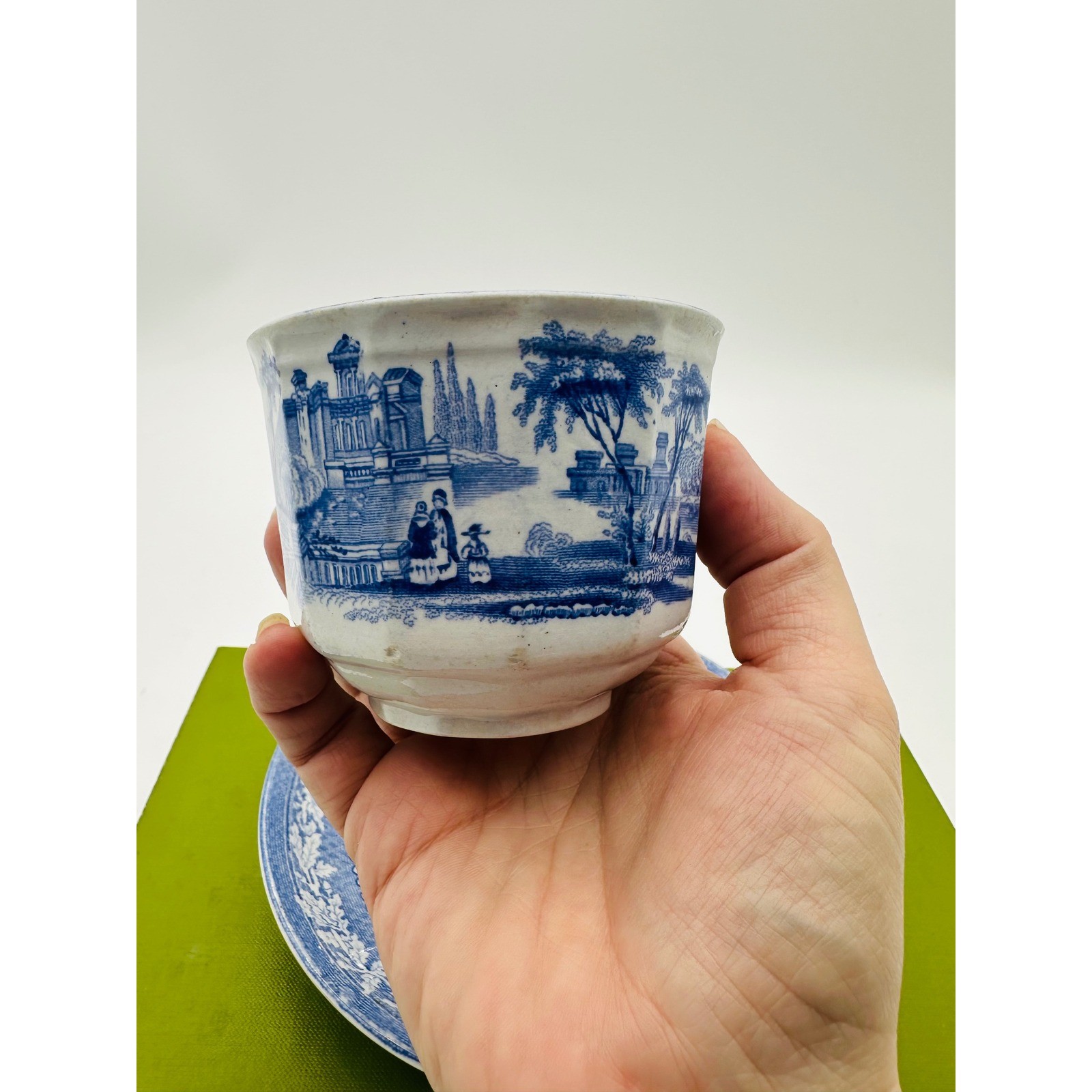 Antique Blue and White Transferware Tea Bowl Cup and Saucer Pastoral Handleless gallery