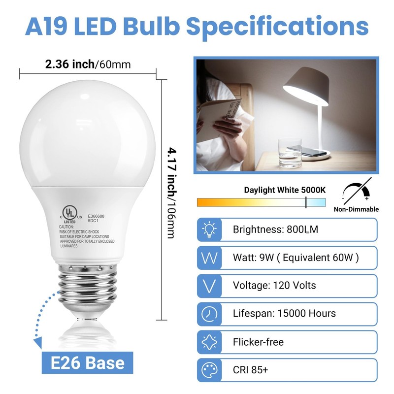 100W Equivalent LED Light Bulb 1500 Lumens A19 5000K Daylight NonDimmable 24Pack gallery