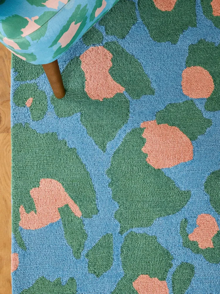 Blue Leopard Print 100% Wool Tufted Area Rug Colorful Animal Print Carpet 8x10 gallery