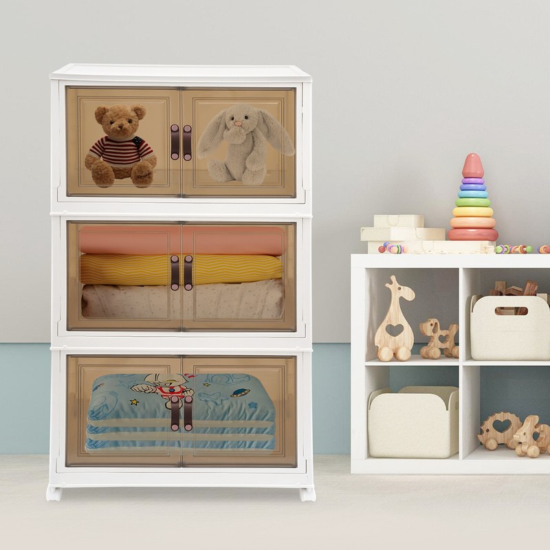 3PCS Foldable Stackable Storage Cabinets with Wheels White 25.59*16.54*43.5in US gallery