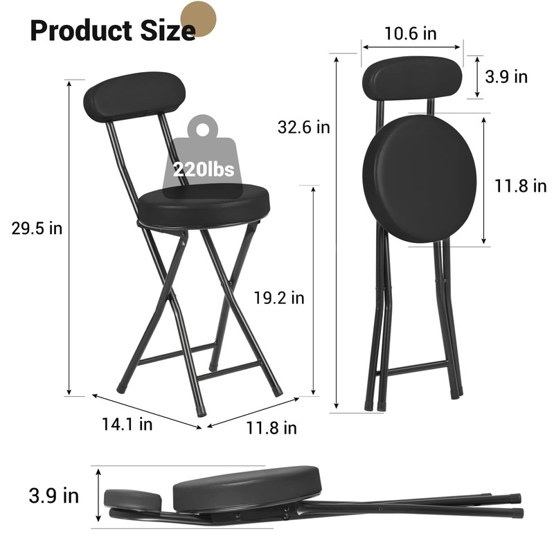 Cushioned Padded Folding Stools, Folding Bar Stool with Backrest, 220lb Capac... gallery