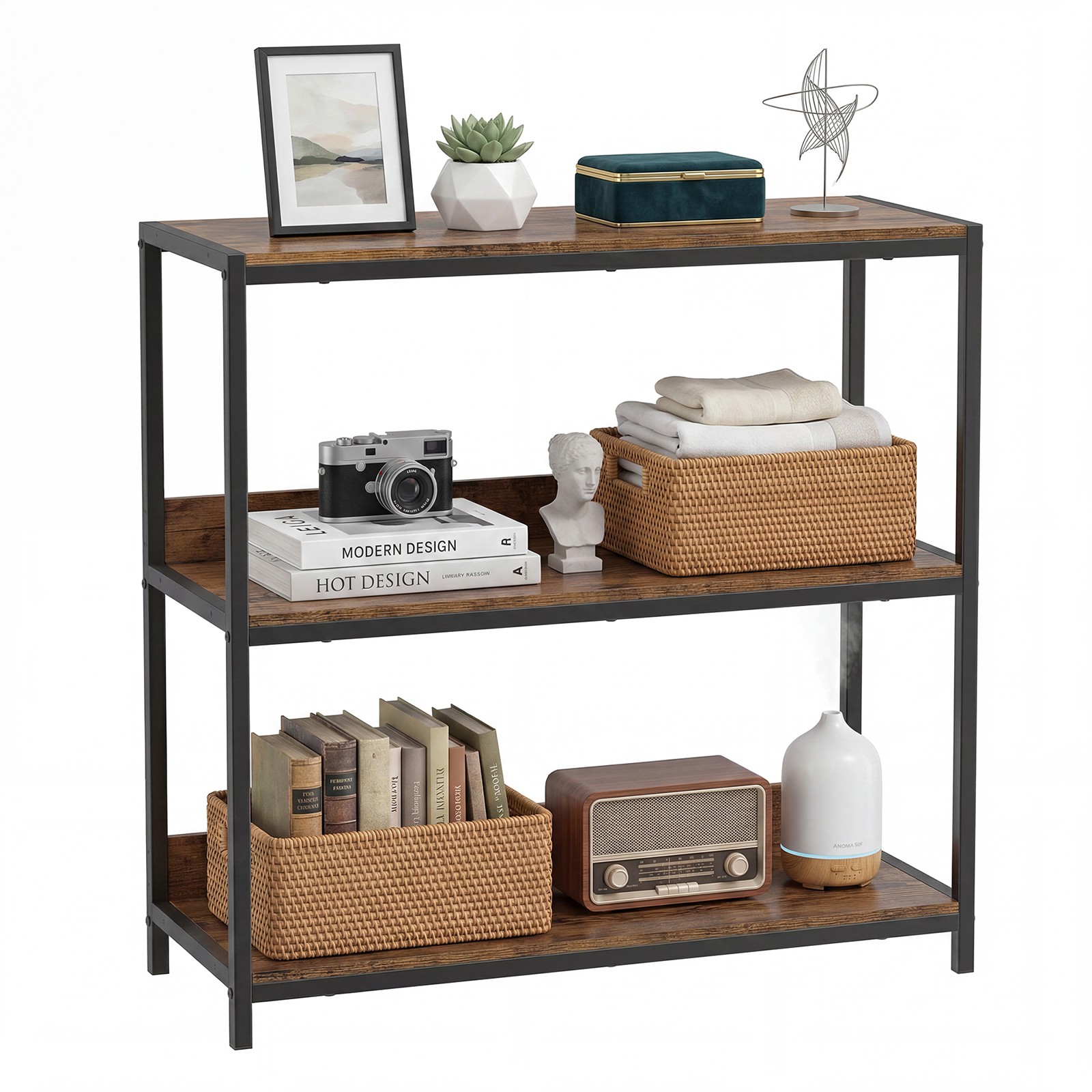 3-Tier Bookshelf, Industrial Small Bookcase with Wooden Shelves and Metal Frame gallery