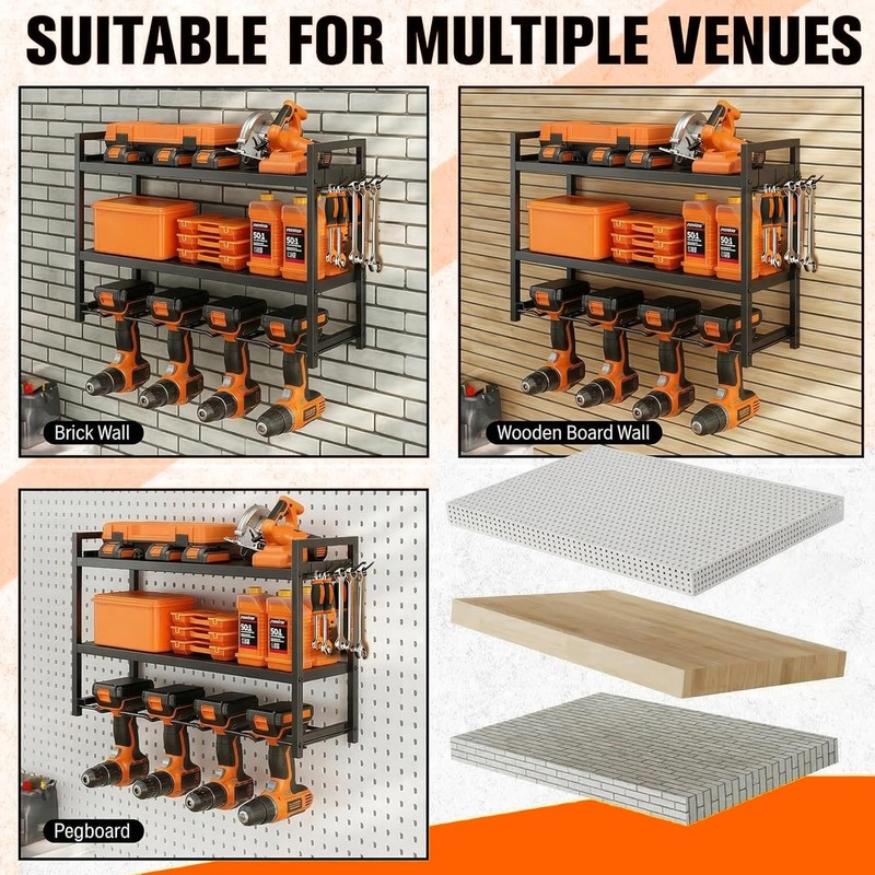 Wall Mounted Tool Organizer Drill Rack 3 Tier Storage Shelf 66lb Capacity gallery