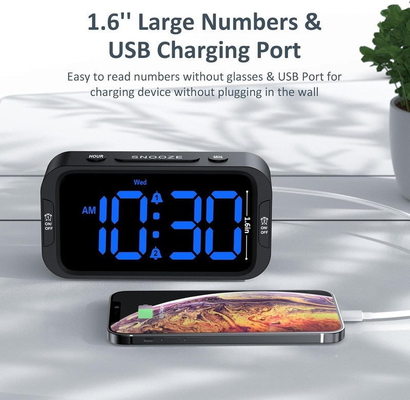 Digital Alarm Clock with Dual Alarms USB Charger Dimmer Snooze 12 24H gallery