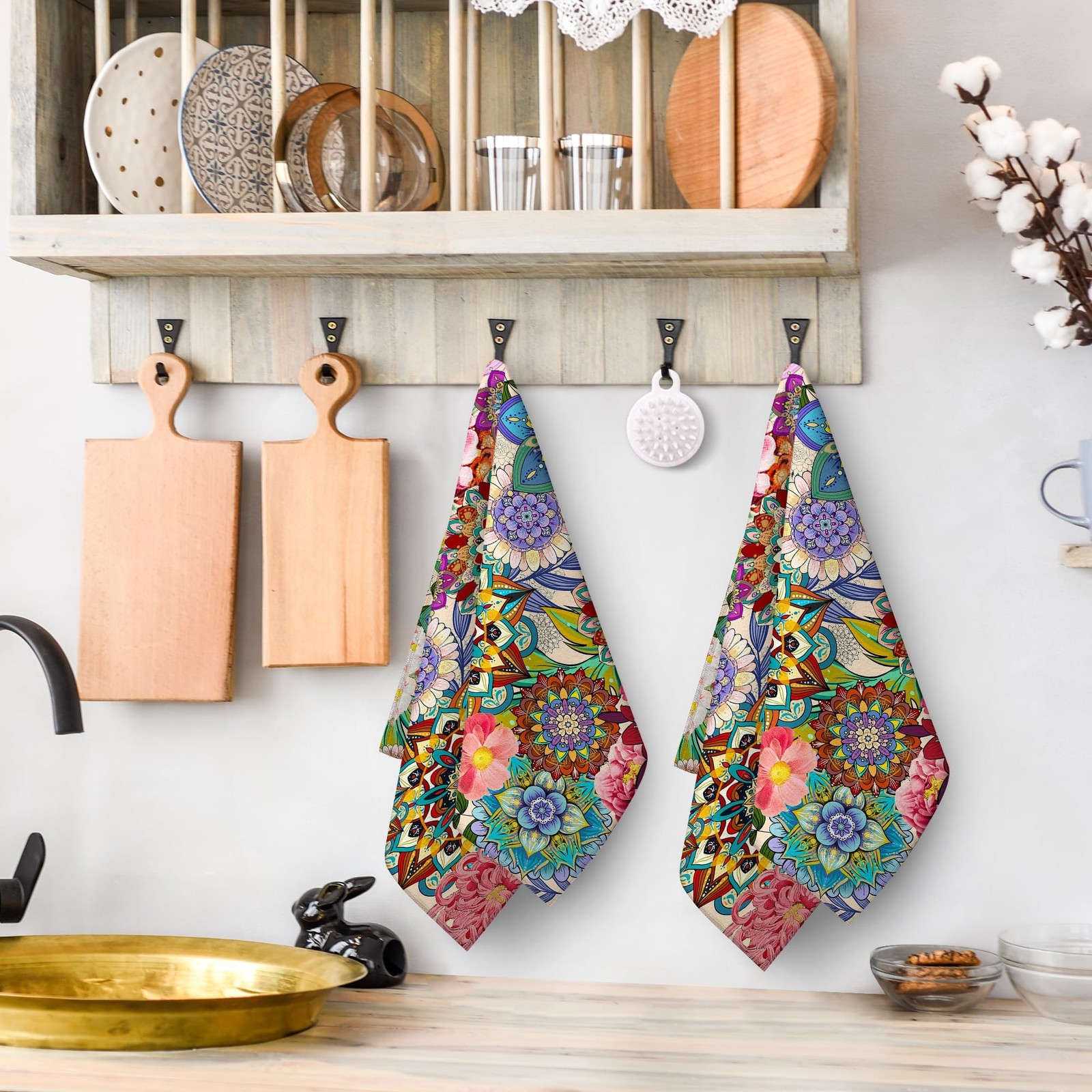 Boho Floral Kitchen Towels Decorative Set of 2, Colorful Flowers Dish Towels ... gallery