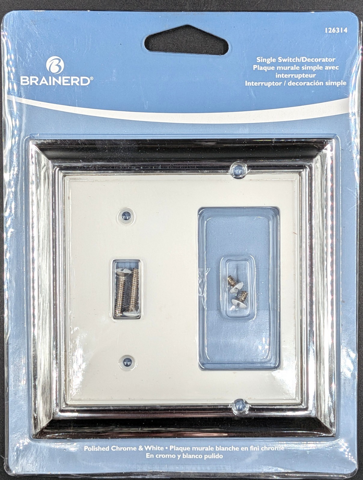 NOS! Brainerd Polished Chrome & White Single Switch/Decorator Wall Plate, #12631 gallery