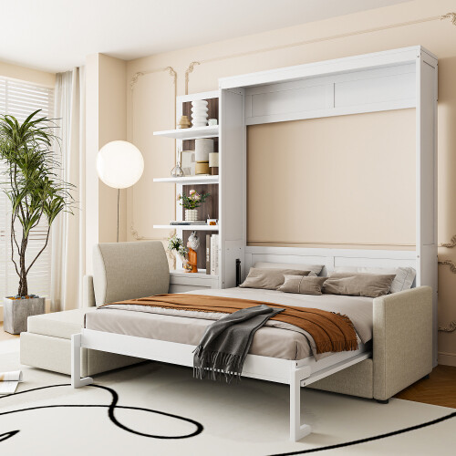 Full Queen Size Murphy Wall Bed with Sofa & Shelves Space Saving Wood Hidden Bed gallery