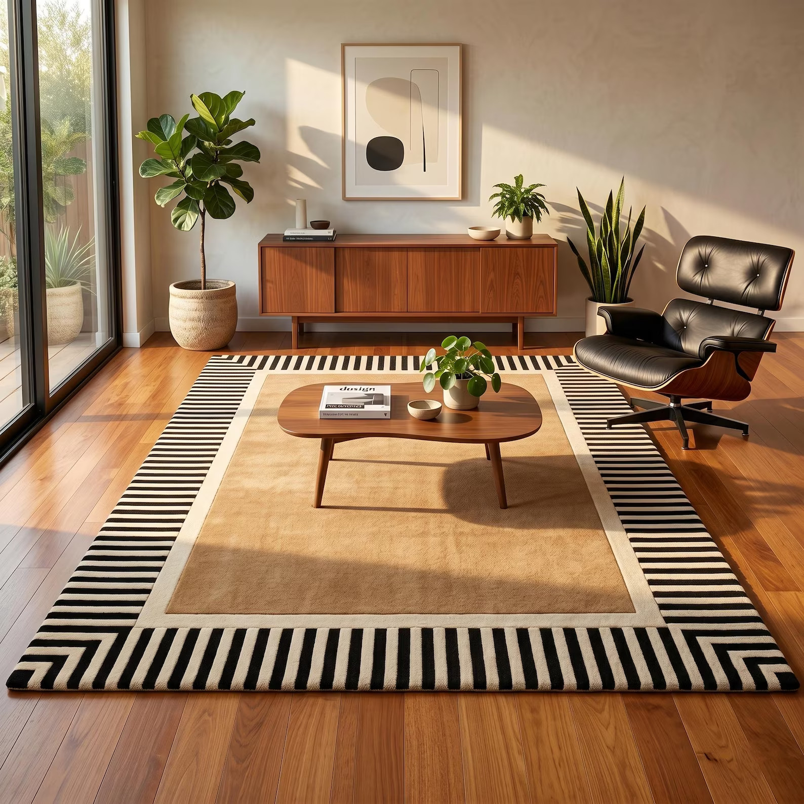 Luxury Border Area Rug, Modern Geometric Rug, Black White Striped Border Carpet gallery