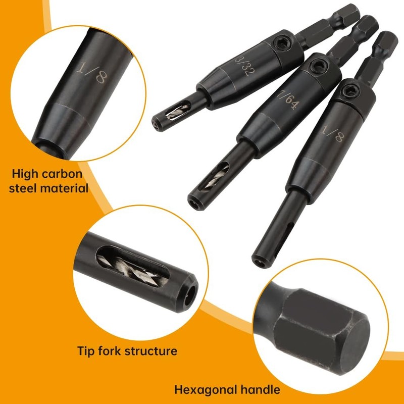 3 Pcs Self Centering Drill Bits Set with Bit Holder,3/32", 7/64", 1/8" for 1/4In gallery
