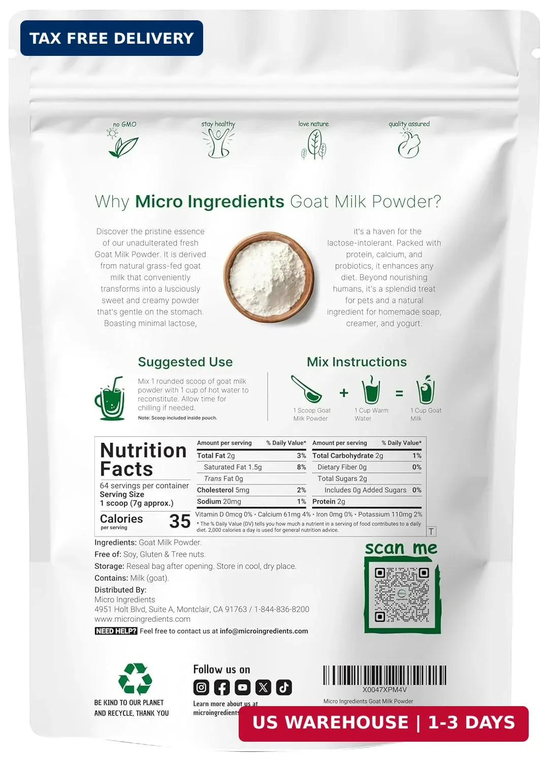 Micro Ingredients Goat Milk Powder, 1 Lb | Grass-Fed Australian Source | Pure, E gallery