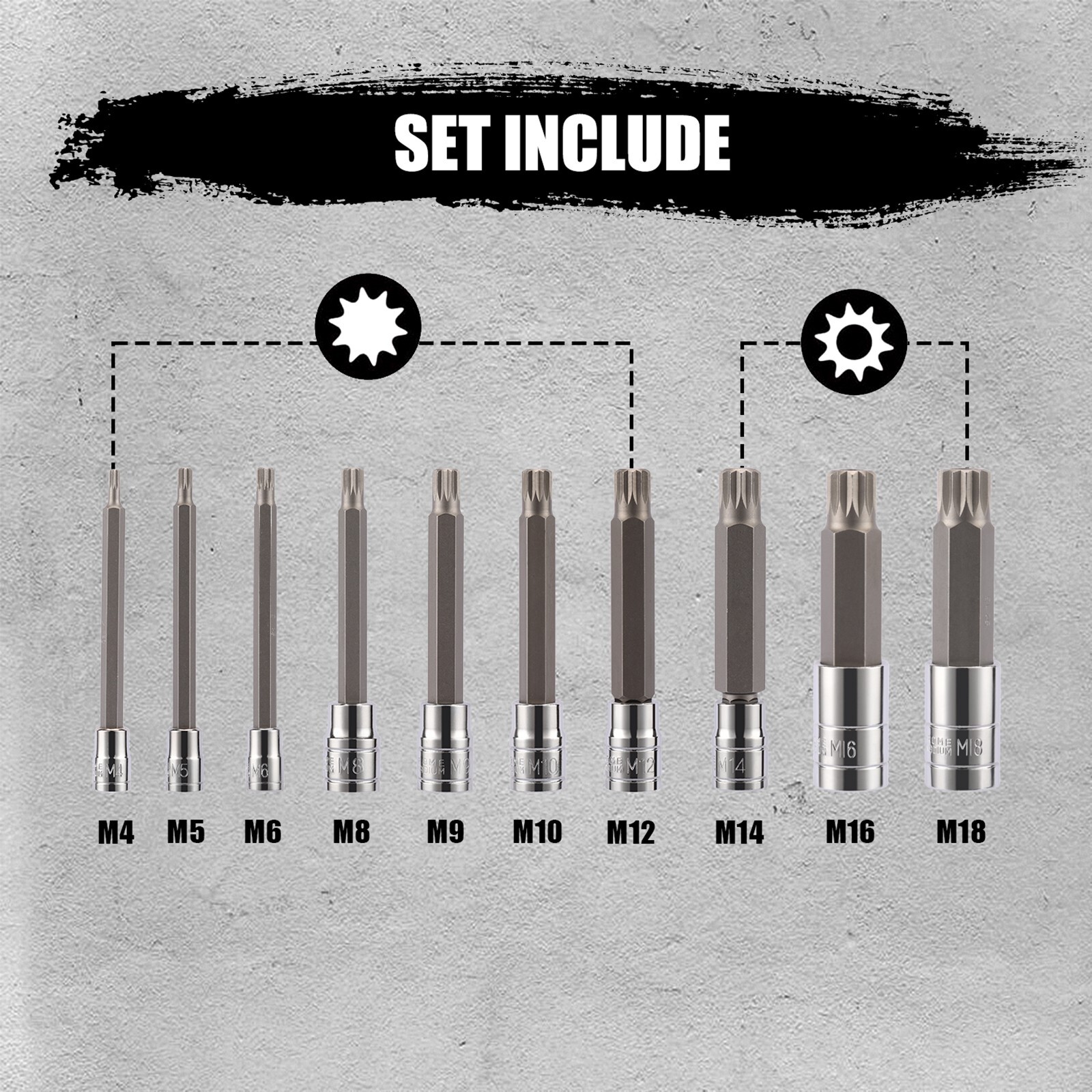 10PC XZN Triple Square 12 Point Spline Bit Socket Set Tamper Proof Extra Long MM gallery