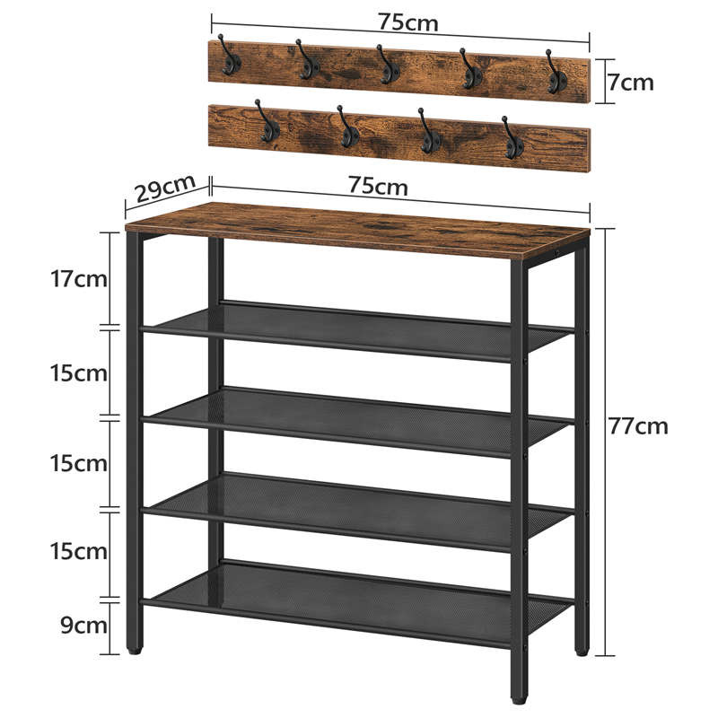 Rustic 4-Tier Wooden Shoe Rack with Coat Hook for Entryway and Mud Room gallery