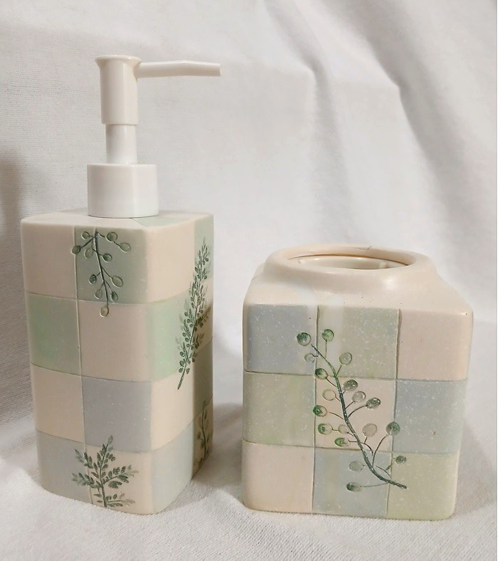 Bathroom Set Soap Dispenser & Dixie Cup Dispenser Hand Painted Ceramic Green gallery