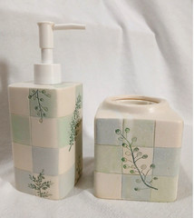 Bathroom Set Soap Dispenser & Dixie Cup Dispenser Hand Painted Ceramic Green