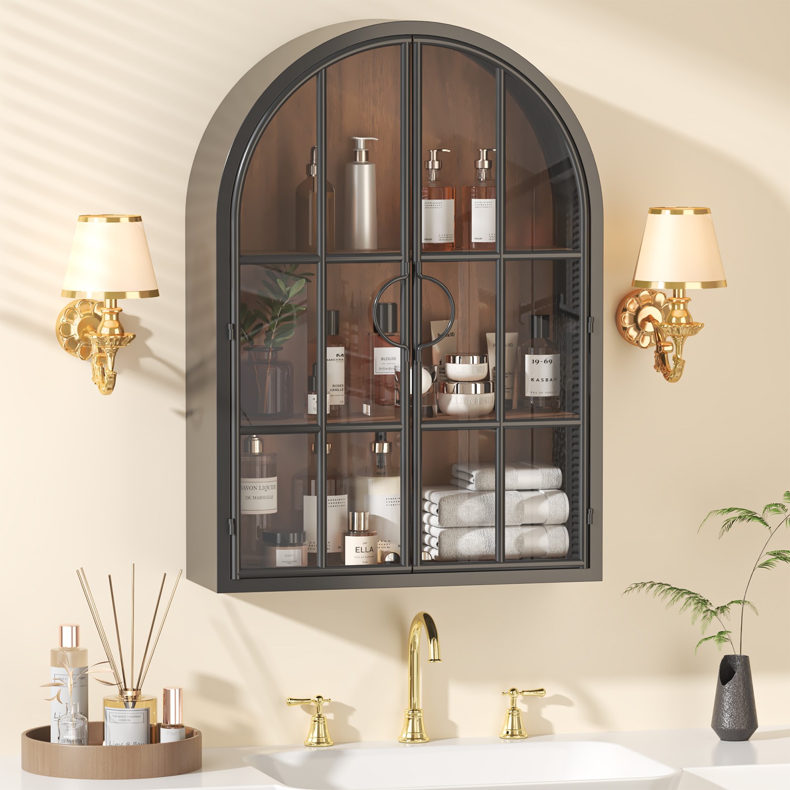 Fully Assembled Floating Storage Cabinet Arched Wall Display Cabinet Glass Door gallery