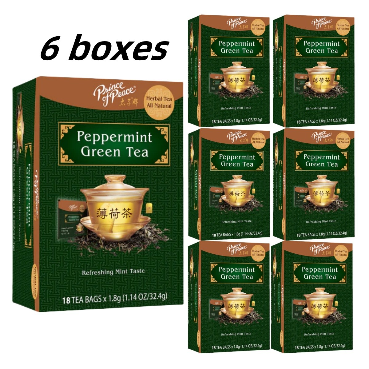 Peppermint Green Tea Herbal Tea- 6 Boxes- 18 Tea Bags Each Box -Prince of Peace gallery