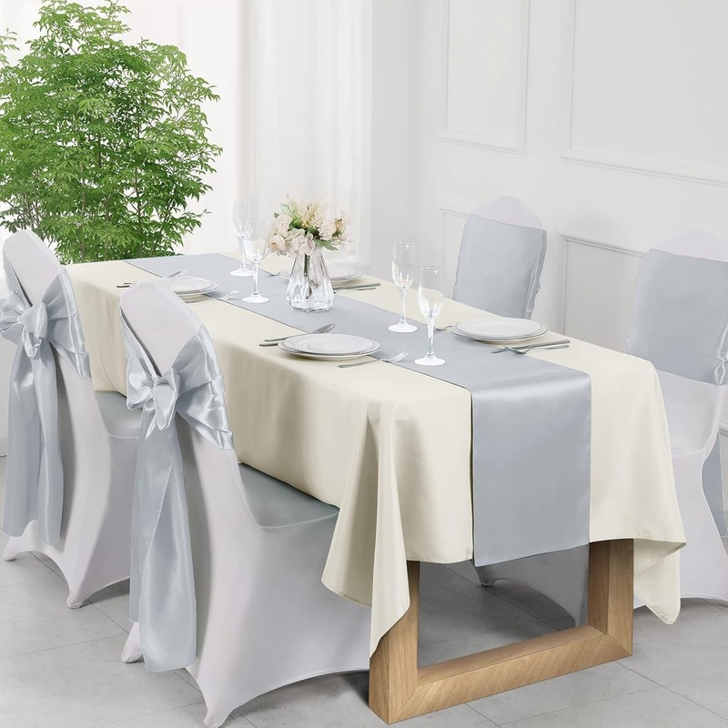 12Pcs Satin Silver Table Runner - 12 x 108 Inch Long Size, Party Table Runner... gallery