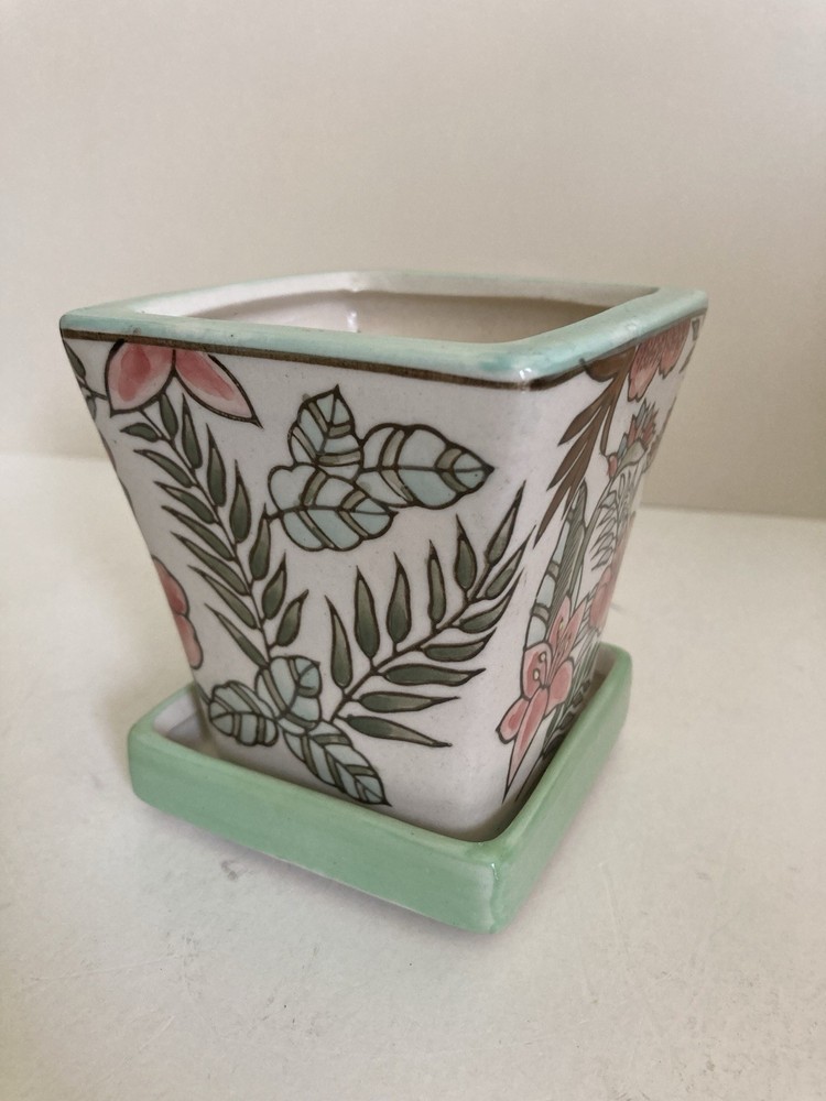 Small Vintage Ceramic Planter Green Pink Flower Theme Square Detached Tray