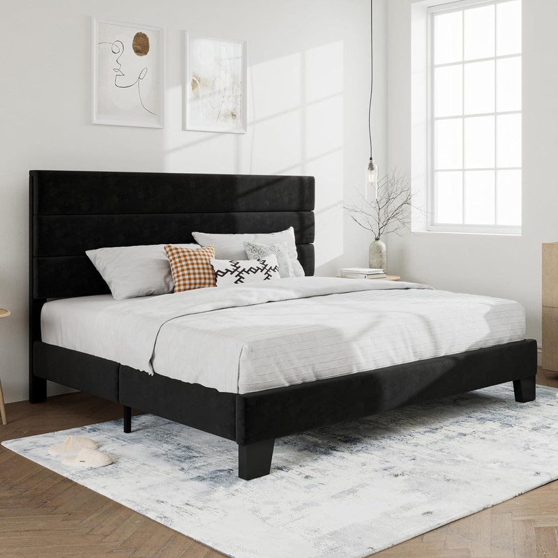 SHA CERLIN King Platform Bed Frame with Velvet Upholstered Headboard, Mattress F gallery