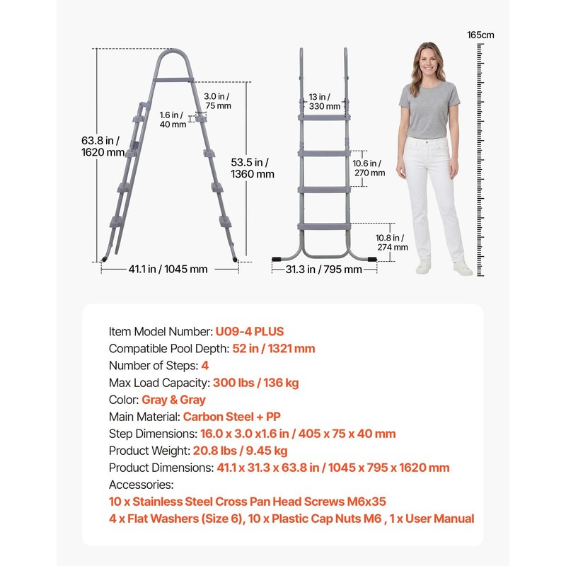 Uimoso Durable 4-Step Steel A-Frame Pool Ladder for 52in Walls, 300lbs Capacity gallery
