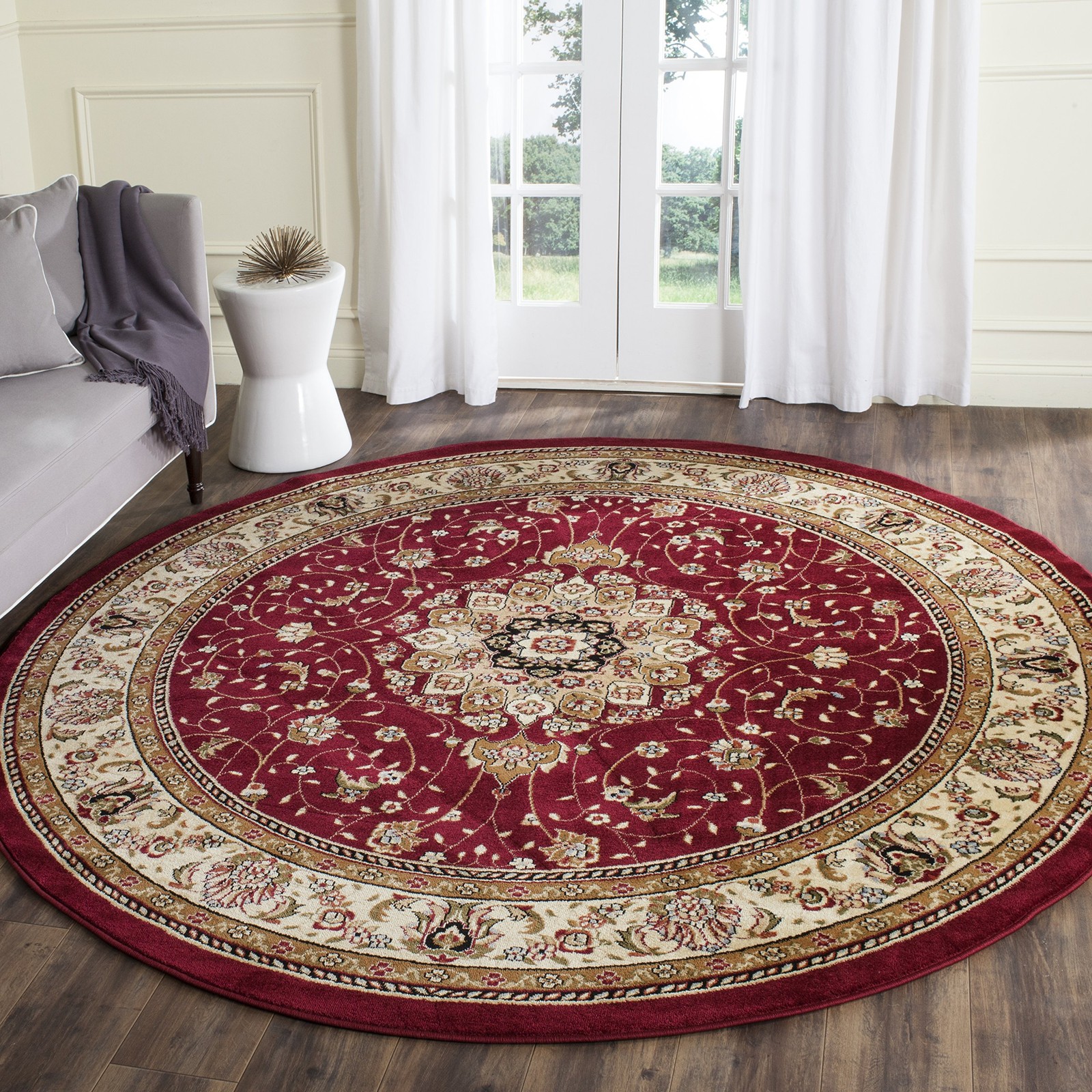 Lyndhurst Collection Area Rug 8' Round, Red & Ivory, Traditional Oriental De... gallery