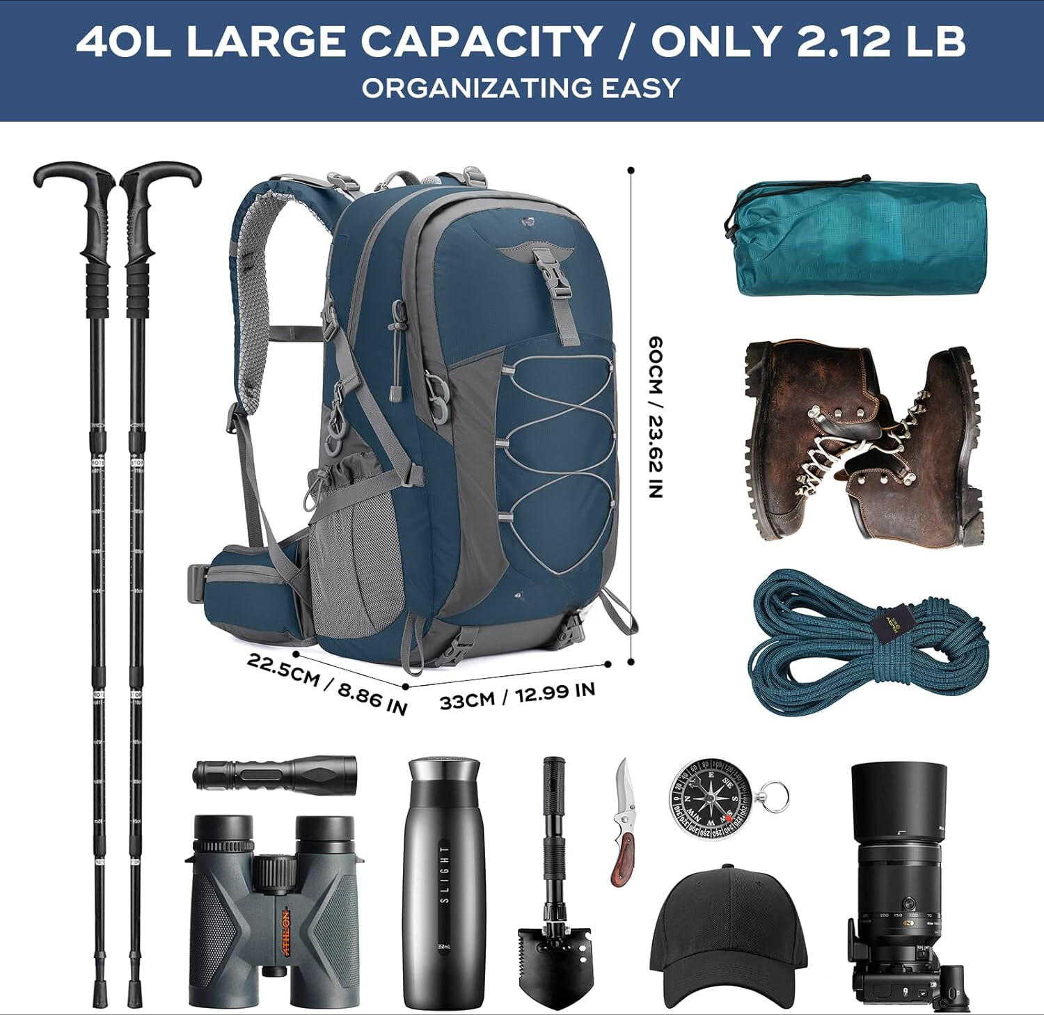 Mountaineering Backpack, 40L Waterproof with Rain Cover, Blue 2
