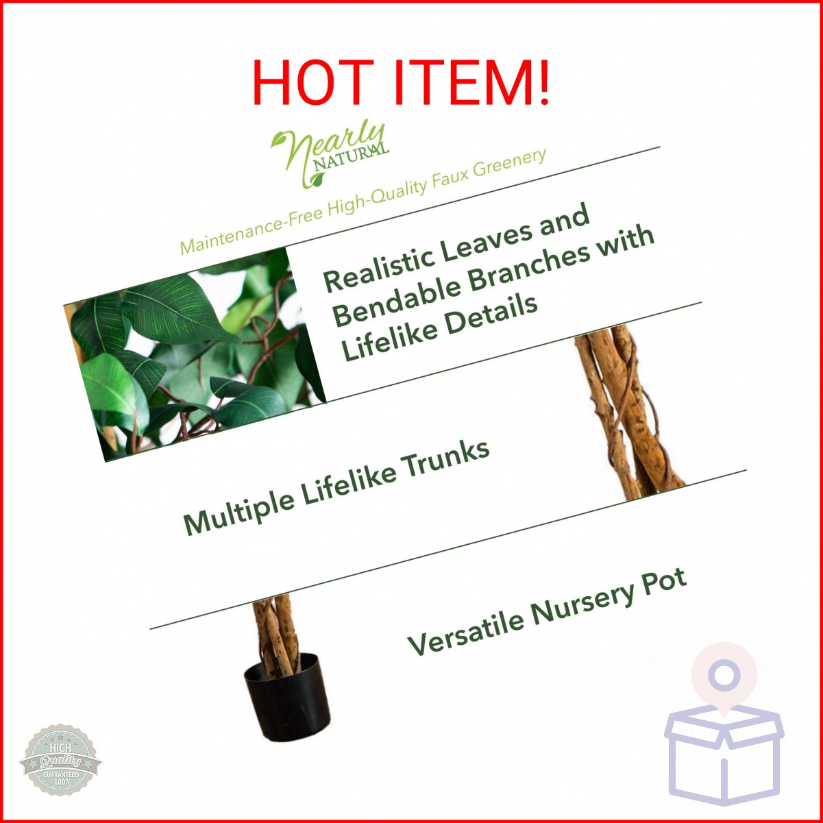 Nearly Natural 4ft Triple Trunk Ficus Silk Tree with Natural Wood Trunks and Den gallery