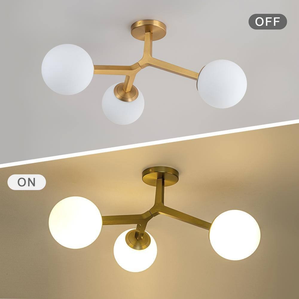 Lueck 23.6 in. 3-Light Gold Sputnik Semi-Flush Mount w/ White Opal Glass Fixture gallery