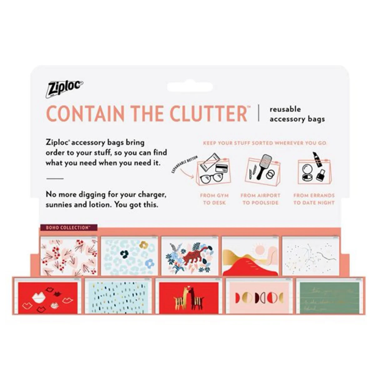 Ziploc Contain The Clutter Boho Collection Reusable Makeup & Accessory Bags 15ct gallery