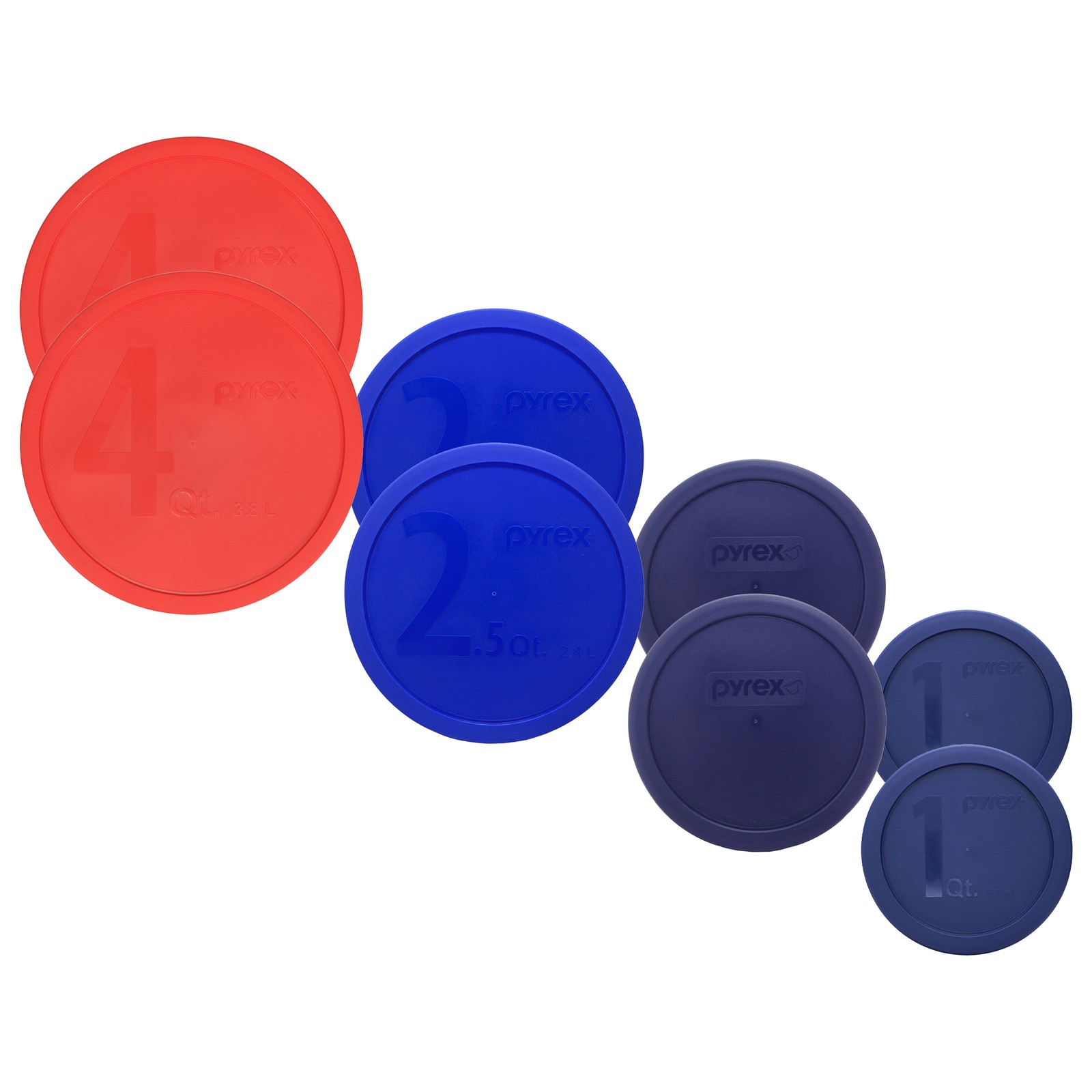 Pyrex (2) 326-PC Red, (2) 325-PC Cadet Blue, (2) 323-PC Blue, (2) 322-PC Lids gallery