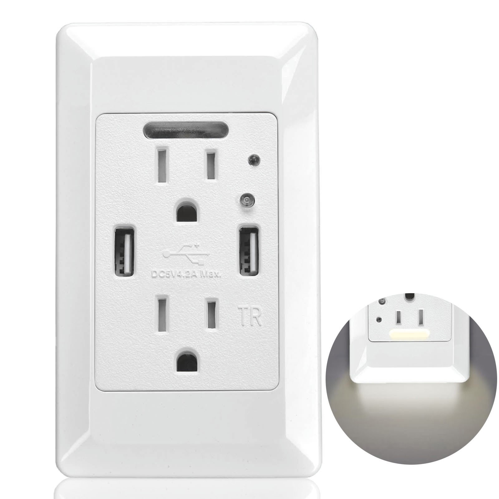 Electrical Dual USB Wall Outlet with LED Night Light Tamper Resistant Receptacle gallery