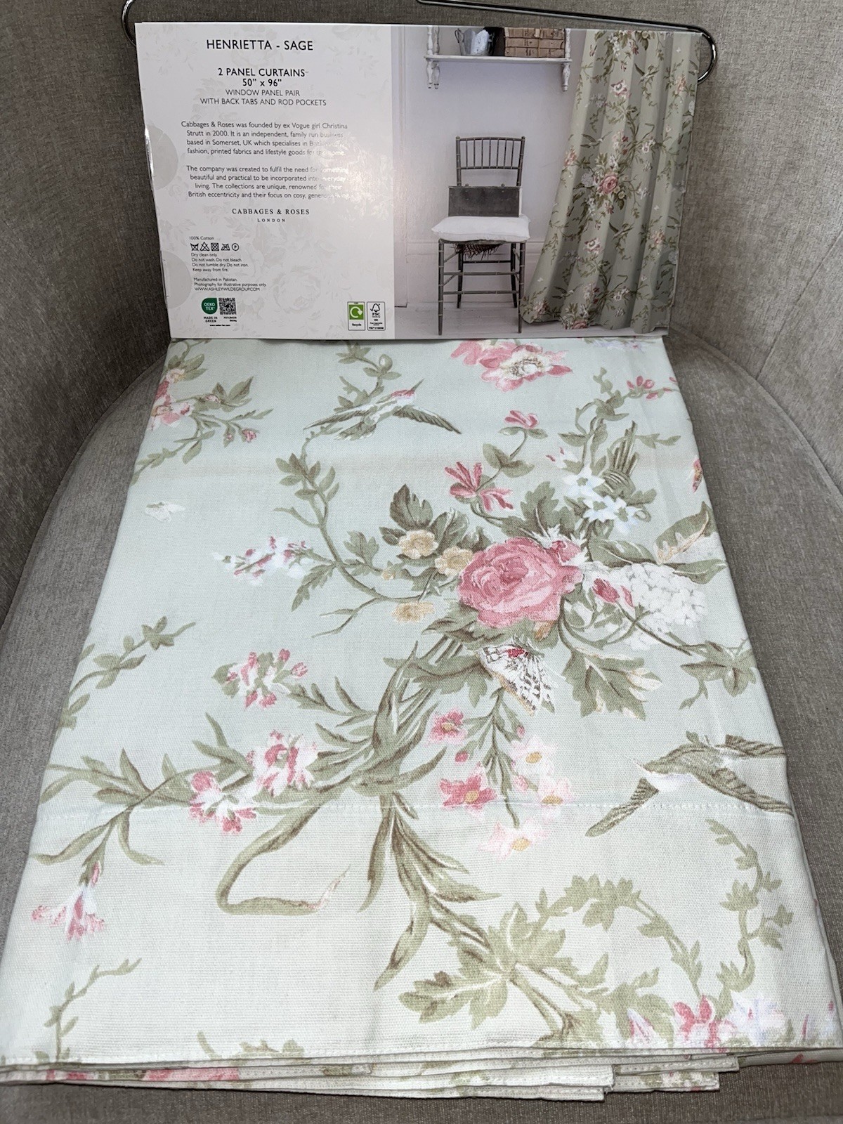 Cabbages & Roses 50”x 96” Window Curtain Panels Henrietta Sage Set Of 2 Panels gallery
