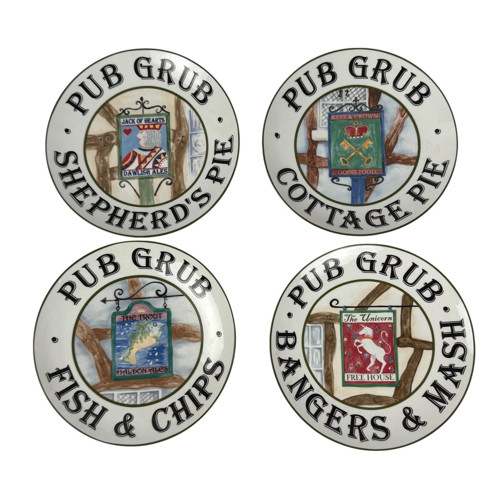 Pub Grub 8" Plates Set 4 White Ceramic British Pub Food Bangers/Fish & Chips gallery