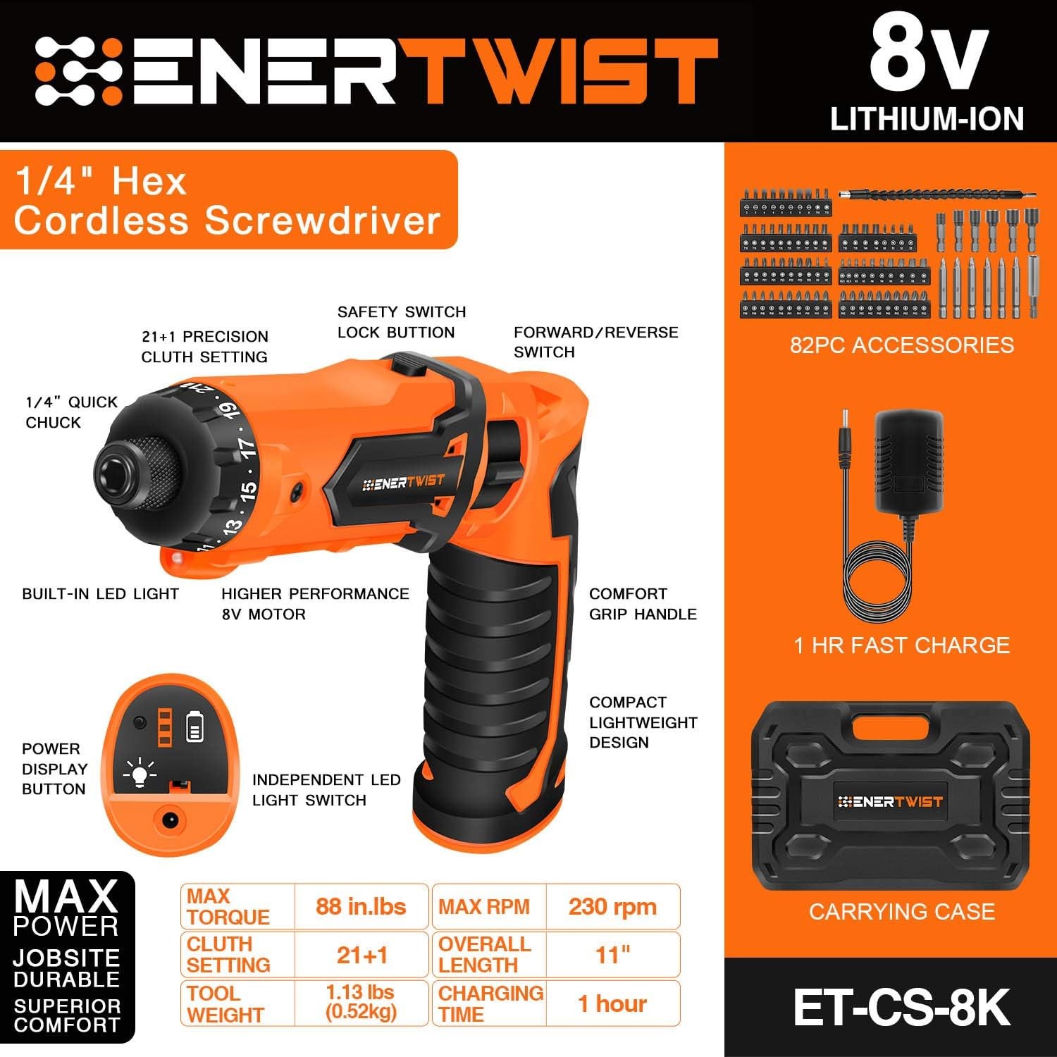 Cordless Screwdriver 8V Motor 10Nm Torque 21 Clutch LED Light Accessories New gallery