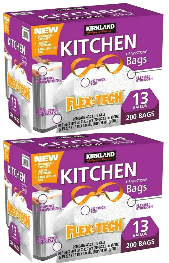 2 x Kirkland Signature Flex-Tech Kitchen Trash Bags 13 Gallon 200ct, Total 400ct