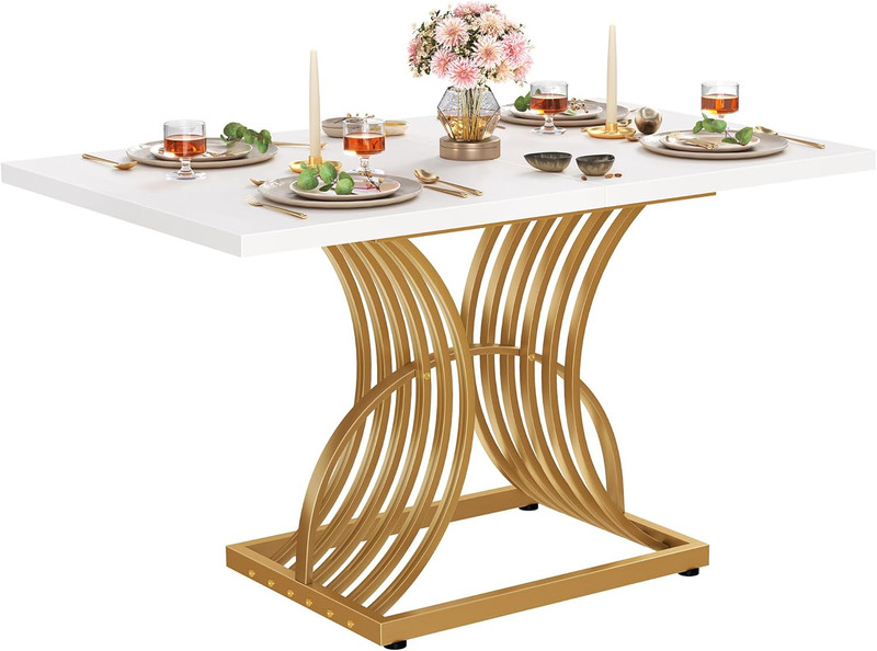 Stylish 47" Rectangular Dining Table for 4 with White Top & Gold Legs gallery