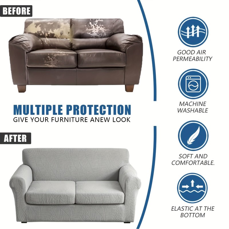 Waterproof leaf textured jacquard stretch sofa cover with cushion cover - soft gallery